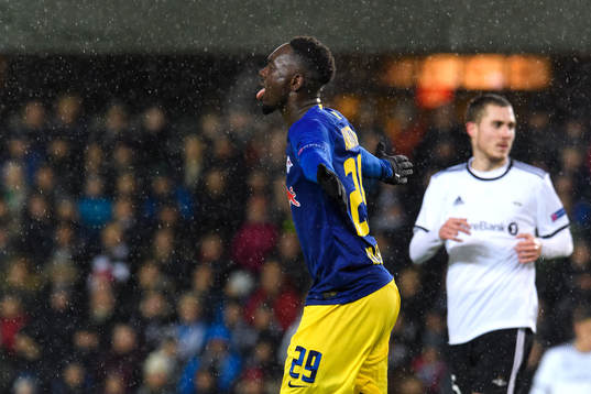 Jean-Kevin Augustin of RB Leipzig celebrates after scoring 0-1