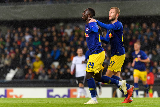 Jean-Kevin Augustin and Konrad Laimer of RB Leipzig celebrates after 0-1 during the Europa League match between Rosenborg and RB Leipzig on October 4, 2018 in Trondheim.
