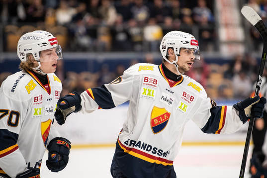 Djurgårdens Marcus Davidsson jublar med Gustav Possler