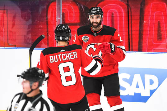 Kyle Palmieri of the New Jersey Devils celebrates the 2-1