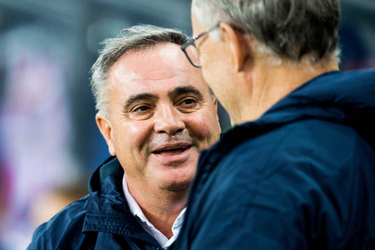 Tomaz Kavcic, head coach of Slovenia, and Lars Lagerbäck, head coach of Norway, ahead of the Nations League match between Norway and Slovenia on October 13, 2018 in Oslo.