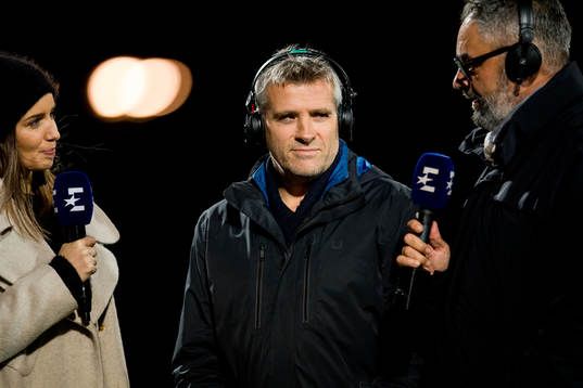 Susanne Furøy Wergeland, host of Eurosport, Tor Ole Skullerud, pundit, and Kenneth Fredheim, commentator, ahead of the Eliteserien match between Stabæk and Brann on October 21, 2018 in Bekkestua.