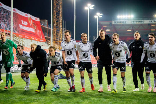 Goalkeeper André Hansen, Mike Jensen, goalkeeper Arild Østbø, Yann-Erik de Lanlay, Even Hovland, Djordje Denic, Besim Serbecic, Anders Konradsen, Jonathan Levi and Anders Trondsen of Rosenborg celebrate