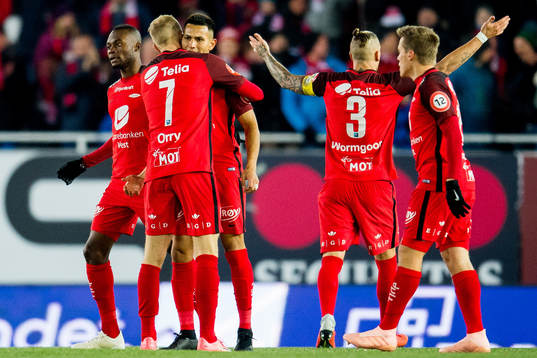 Deyver Vega of Brann celebrates with teammate Peter Orry Larsen after scoring 1-2
