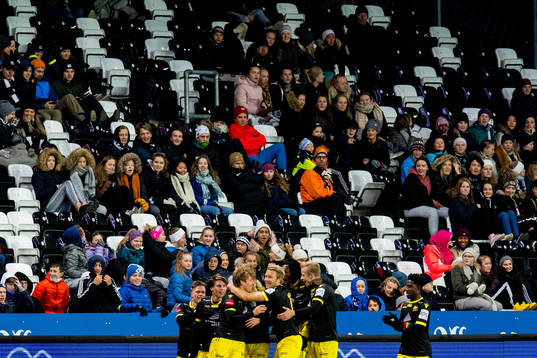 Niklas Sandberg of Start celebrates with teammates after scoring 0-1