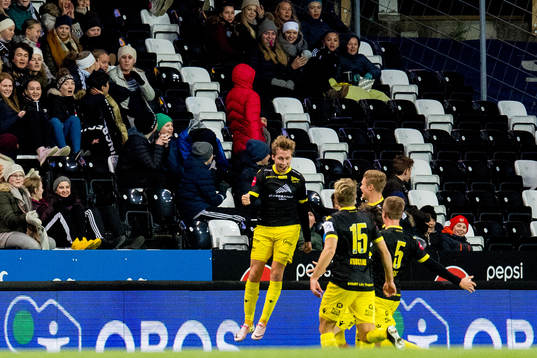 Niklas Sandberg of Start celebrates with teammates after scoring 0-1
