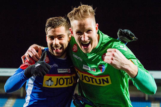 Ruben Herraiz «Rufo» Alcaraz and goalkeeper Eirik Johansen of Sandefjord celebrate