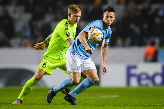 Markus Rosenberg of Malmö FF and Joonas Tamm of Sarpsborg