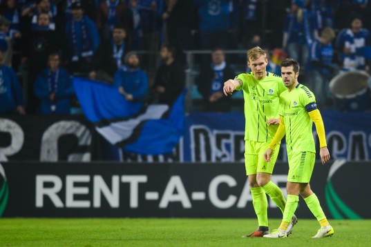 Joonas Tamm and Joachim Thomassen of Sarpsborg 08 in a