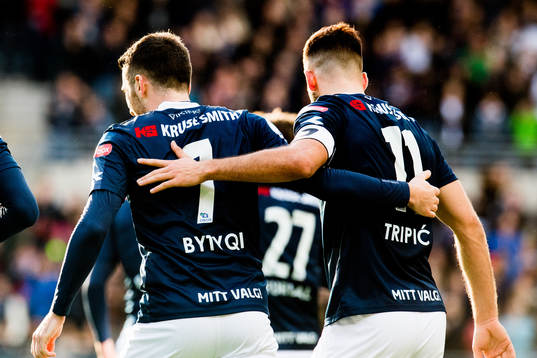 Zymer Bytyqi and Zlatko Tripic of Viking celebrate after the 1-0 goal