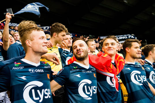 Even Østensen, Zlatko Tripic, Markus Nakkim and Tord Johnsen Salte of Viking celebrate after the OBOS-ligaen match between Viking and Kongsvinger on November 11, 2018 in Stavanger.
