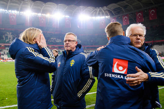 Team manager Stefan Pettersson and head coach Janne Andersson of Sweden celebrates after the Nations League football match between Turkey and Sweden on November 17, 2018 in Konya.
