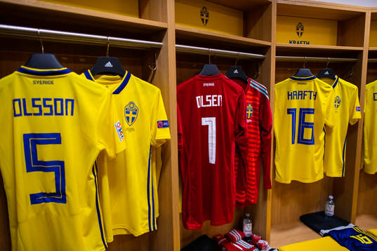 The jerseys of Martin Olsson, goalkeeper Robin Olsen and