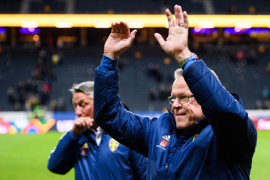 Head coach Janne Andersson of Sweden celebrates