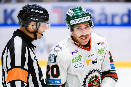 Domare Sören Persson och Frölundas Joel Lundqvist i samtal