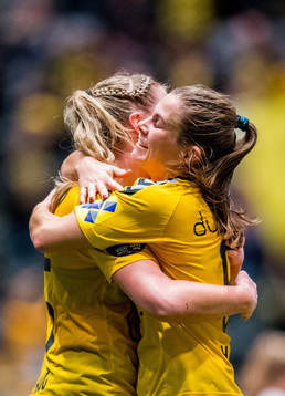 Sophie Roman Haug of LSK Kvinner celebrates with teammate Emilie Bosshard Haavi after scoring the 4-0 goal