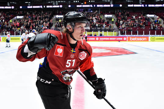 Emil Sylvegård of Malmö Redhawks celebrates scoring 1-0