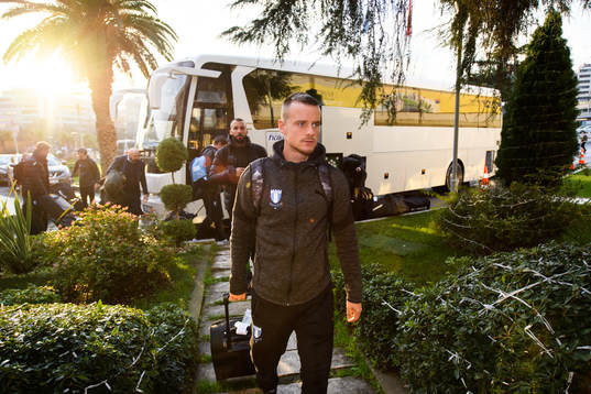 Eric Larsson of Malmö FF arrives at the hotel ahead of the Europa League match against Besiktas on December 12, 2018 in Istanbul.