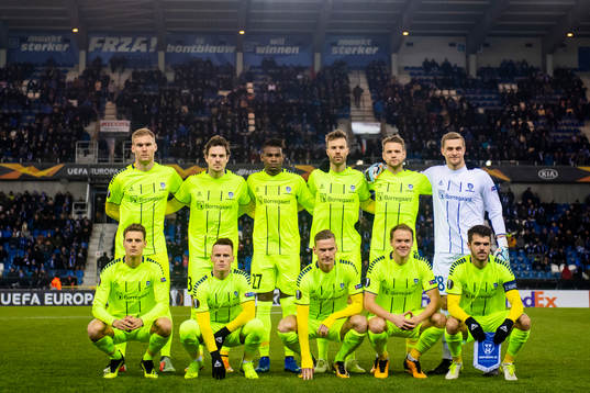 Joonas Tamm, Jørgen Horn, Rashad Muhammed, Patrick Mortensen, Ole Jørgen Halvorsen, goalkeeper Aleksandr Vasyutin, Kristoffer Zachariassen, Tobias Heintz, Jon-Helge Tveita, Matti Lund Nielsen and Joachim Thomassen of Sarpsborg 08 pose for a group picture ahead of the Europa League group stage match between Genk and Sarpsborg 08 on December 13, 2018 in Genk. 