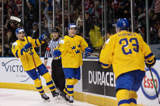 Jacob Olofsson, Adam Boqvist and Lucas Elvenes of Sweden