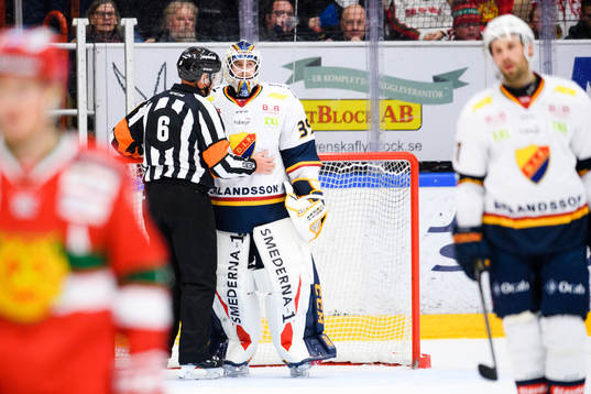 Domare Sören Persson i samtal med Djurgårdens målvakt