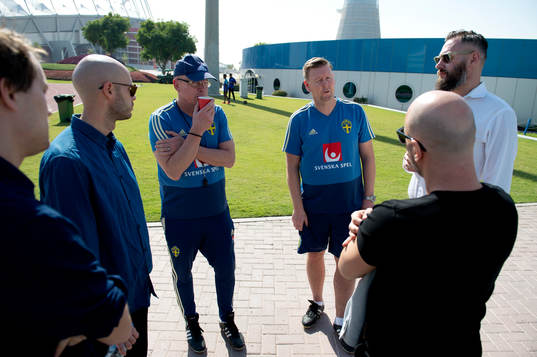 Sweden's head coach Janne Andersson and assistant coach Peter Wettergren talks with Swedish journalists