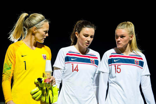 Goalkeeper Ingrid Hjelmseth, Ingrid Syrstad Engen and Kristine Leine of Norway