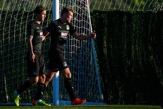 Kristoffer Olsson and Viktor Claesson of Krasnodar celebrates the 1-0 goal by Sergei Petrov