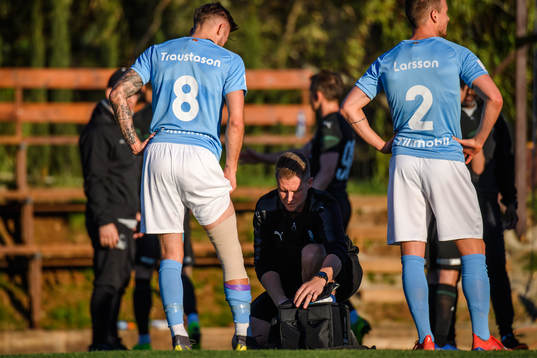 Arnor Traustason of Malmö FF receives treatment