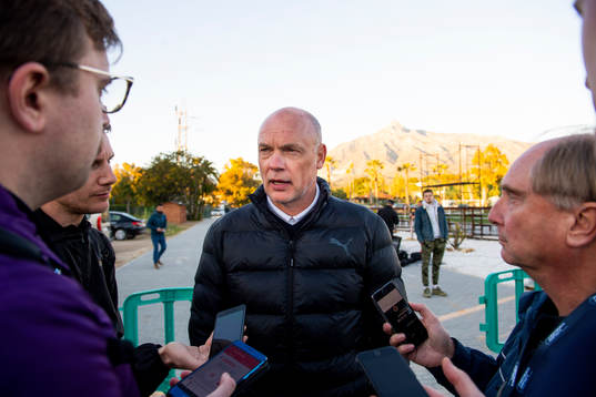 Uwe Rösler, head coach of Malmö FF is interviewed by the media