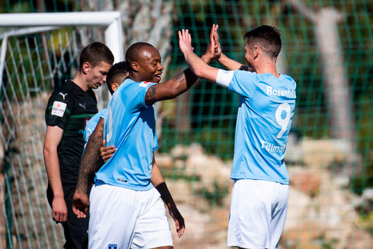 Carlos Strandberg and Markus Rosenberg of Malmö FF celebrates after 1-0