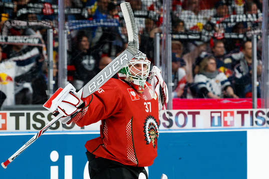 Goalkeeper Johan Gustafsson of Frölunda celebrates