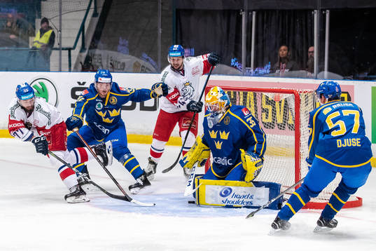 Milan Gulas of Czech Republic scores 3-1 behind goaltender