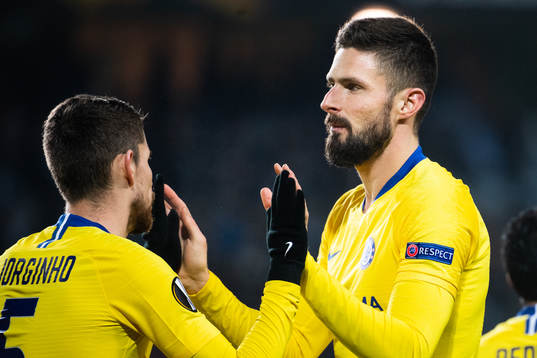 Jorginho and Olivier Giroud of Chelsea celebrate after Giroud scored 0-2