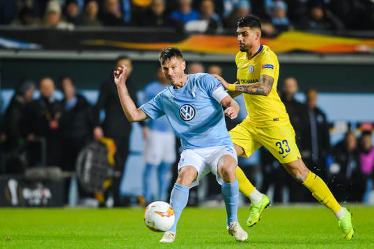 Markus Rosenberg of Malmö FF and Emerson Palmieri of Chelsea