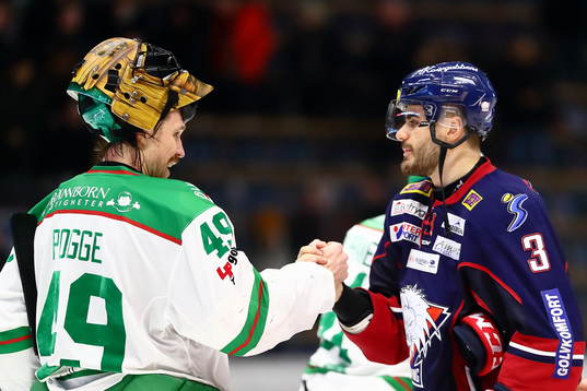 Rögles målvakt Justin Pogge och Linköpings Almen Bibic