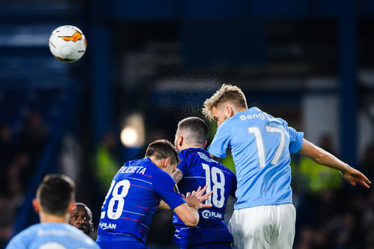 Rasmus Bengtsson of Malmö FF and Olivier Giroud of Chelsea