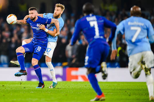 Olivier Giroud of Chelsea and Rasmus Bengtsson of Malmö FF