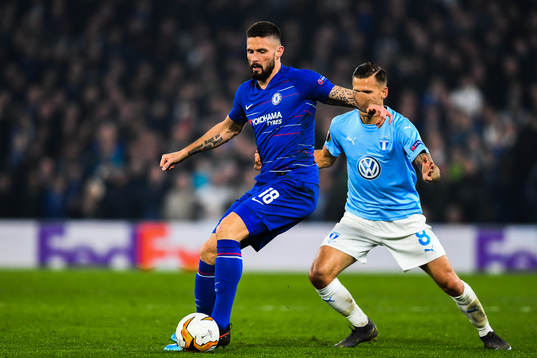 Olivier Giroud of Chelsea and Arnor Traustason of Malmö FF