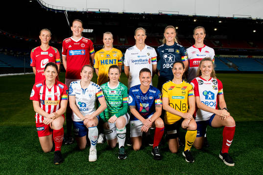 Helene Gloppen of Arna-Bjørnar (2nd row), Sigrid Bloch-Hansen of Fart, Mali Lilleås Næss of Trondheims-Ørn, goalkeeper Ingrid Hjelmseth of Stabæk, Kristine Bjørdal Leine of Røa, Stine Hovland of Sandviken, Dejana Stefanovic of Avaldsnes (1st row), Sigrid Heien Hansen of Kolbotn, Tuva Hansen of Klepp, Sherida Spitse of Vålerenga, Ingrid Moe Wold of LSK Kvinner and Joanna Aalstad Bækkelund of Lyn pose for a team photo