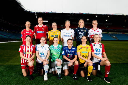 Helene Gloppen of Arna-Bjørnar (2nd row), Sigrid Bloch-Hansen of Fart, Mali Lilleås Næss of Trondheims-Ørn, goalkeeper Ingrid Hjelmseth of Stabæk, Kristine Bjørdal Leine of Røa, Stine Hovland of Sandviken, Dejana Stefanovic of Avaldsnes (1st row), Sigrid Heien Hansen of Kolbotn, Tuva Hansen of Klepp, Sherida Spitse of Vålerenga, Ingrid Moe Wold of LSK Kvinner and Joanna Aalstad Bækkelund of Lyn pose for a team photo