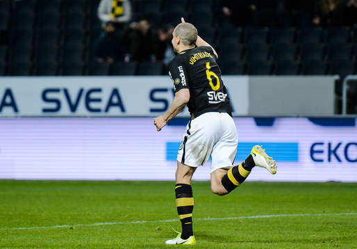 s Panajotis Dimitriadis jublar efter 1-0 under fotbollsmatchen i Svenska cupen mellan AIK och AFC Eskilstuna den 17 mars 2019 i Stockholm.
