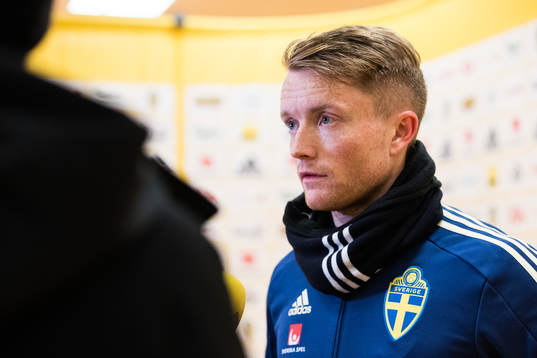 Sam Larsson of Sweden in the mixed zone