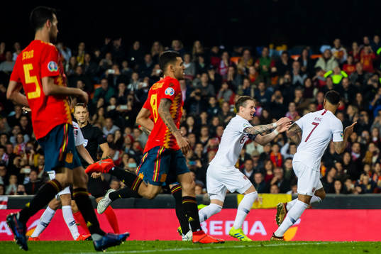 Joshua King of Norway celebrates with his teammate Stefan Johansen