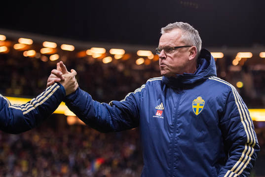 Head coach Janne Andersson of Sweden celebrates