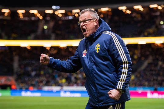 Head coach Janne Andersson of Sweden celebrates