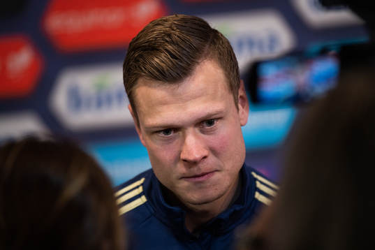 Viktor Claesson of Sweden talks to the media
