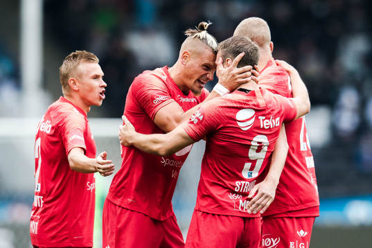 Vito Wormgoor and Petter Dahle Strand of Brann celebrates after 0-1