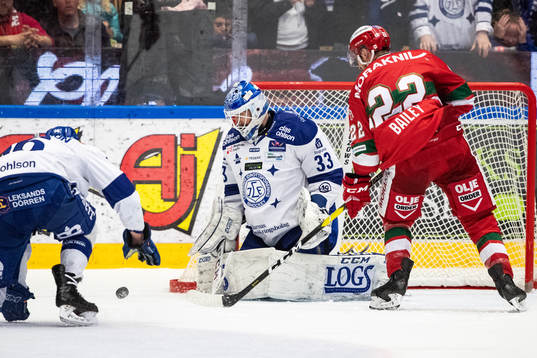 Leksands målvakt Axel Brage och Moras Matt Bailey