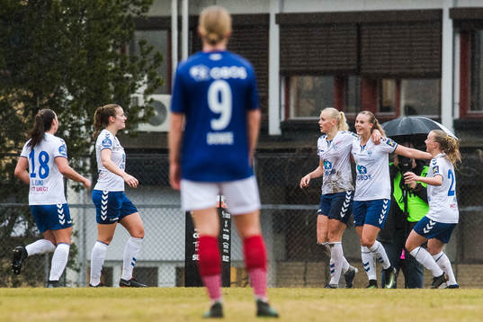 Nora Eide Lie of Kolbotn celebrates with teammates after 1-0